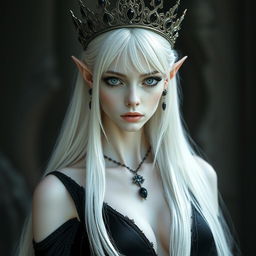 An elegant, cold elf queen with very pale, clear skin and long white-blonde straight hair