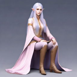 A tall, beautiful, pale-skinned high-elf woman with long, light blue hair and grey eyes