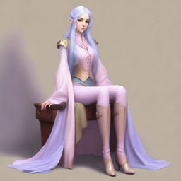 A tall, beautiful, pale-skinned high-elf woman with long, light blue hair and grey eyes