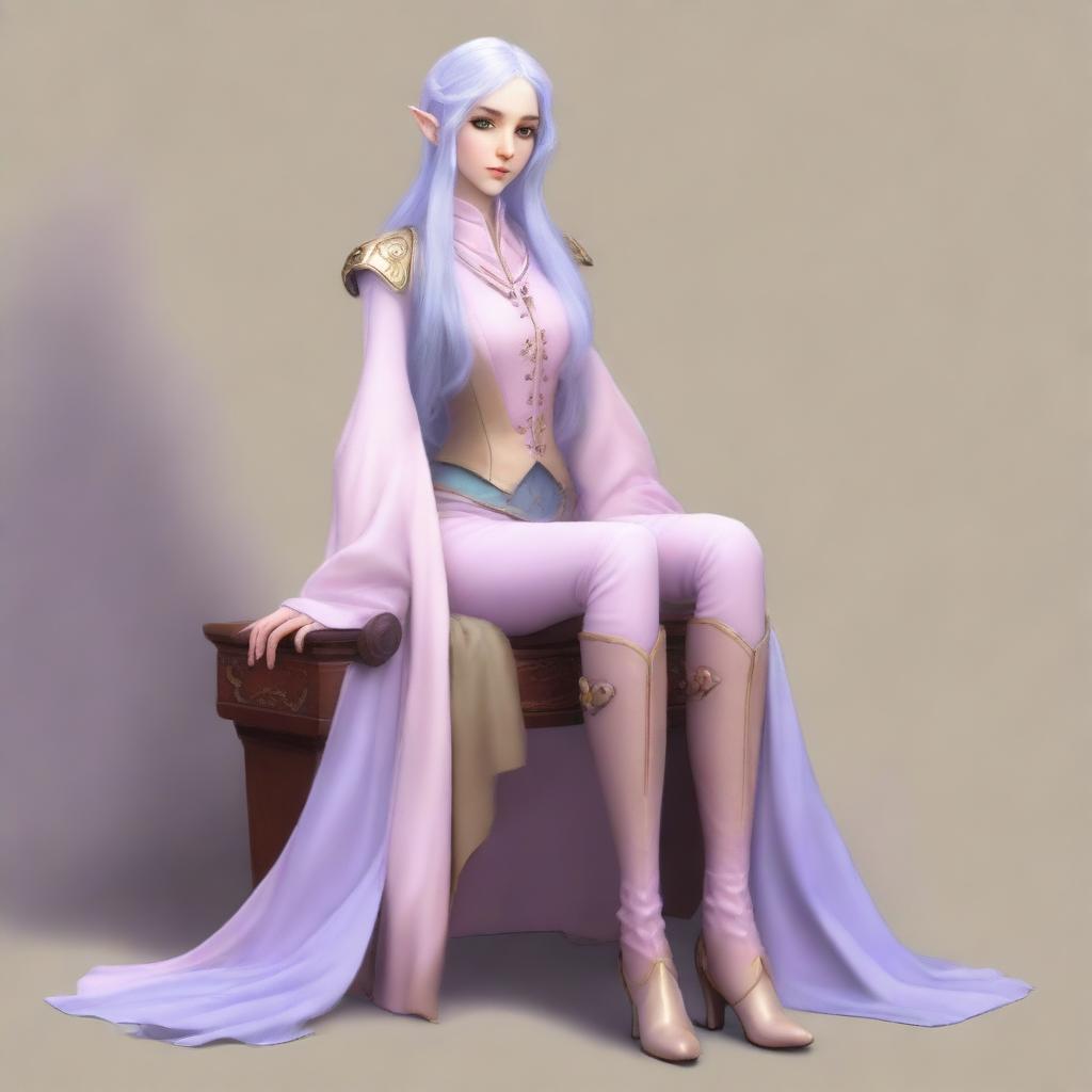 A tall, beautiful, pale-skinned high-elf woman with long, light blue hair and grey eyes