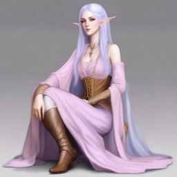A tall, beautiful, pale-skinned high-elf woman with long, light blue hair and grey eyes