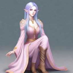 A tall, beautiful, pale-skinned high-elf woman with long, light blue hair and grey eyes