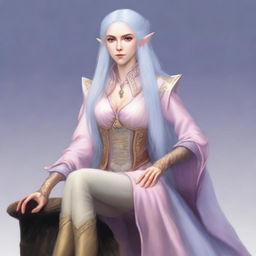A tall, beautiful, pale-skinned high-elf woman with long, light blue hair and grey eyes
