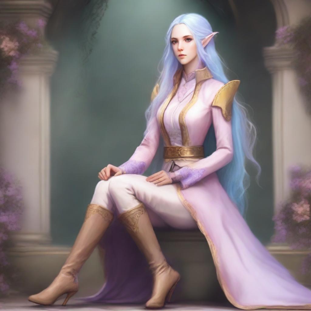 A tall, beautiful, pale-skinned high-elf woman with long, light blue hair and grey eyes