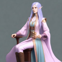 A tall, beautiful, pale-skinned high-elf woman with long, light blue hair and grey eyes