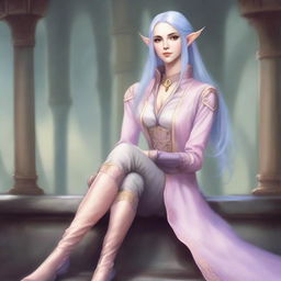 A tall, beautiful, pale-skinned high-elf woman with long, light blue hair and grey eyes