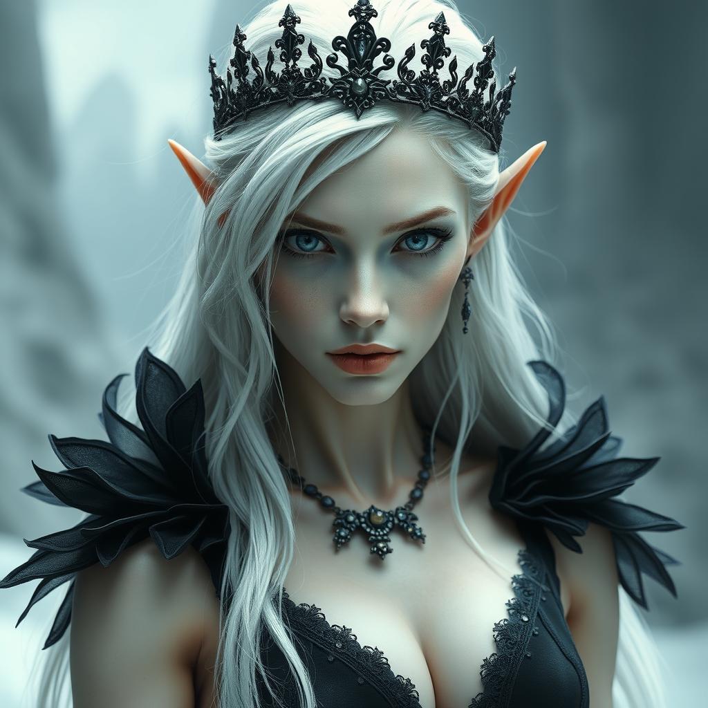 An elegant, cold elf queen with very pale, clear skin and long white-blonde wild hair that covers one of her piercing grey eyes