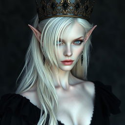 An elegant, cold elf queen with very pale, clear skin and long white-blonde wild hair that covers one of her piercing grey eyes