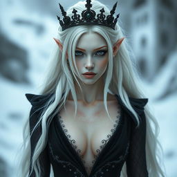 An elegant, cold elf queen with very pale, clear skin and long white-blonde wild hair that covers one of her piercing grey eyes