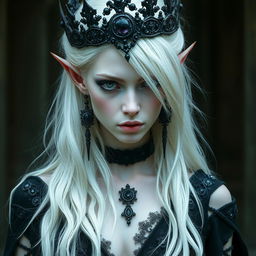 An elegant, cold elf queen with very pale, clear skin and long white-blonde wild hair that covers one of her piercing grey eyes