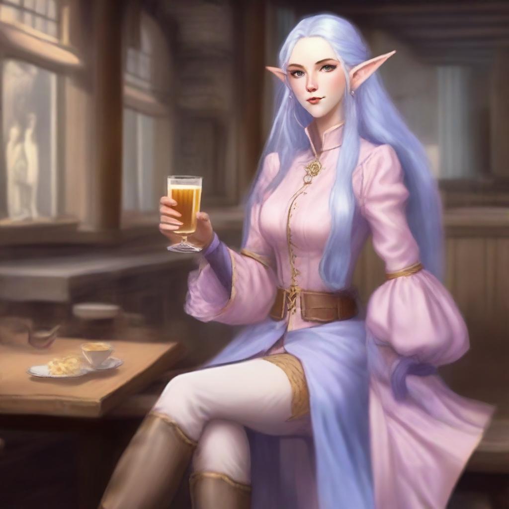 A tall, pale-skinned high-elf woman with long, light blue hair and grey eyes