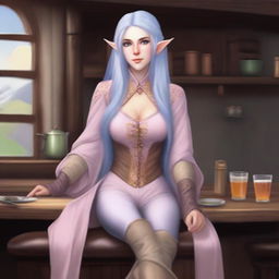 A tall, pale-skinned high-elf woman with long, light blue hair and grey eyes