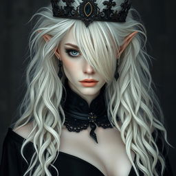 An elegant, cold elf queen with very pale, clear skin and long white-blonde wild hair that covers one of her piercing grey eyes