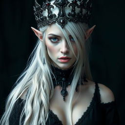 An elegant, cold elf queen with very pale, clear skin and long white-blonde wild hair that covers one of her piercing grey eyes