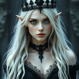 An elegant, cold elf queen with very pale, clear skin and long white-blonde wild hair that covers one of her piercing grey eyes