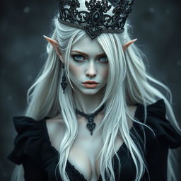 An elegant, cold elf queen with very pale, clear skin and long white-blonde wild hair that covers one of her piercing grey eyes