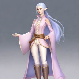A tall, pale-skinned high-elf woman with long, light blue hair and grey eyes