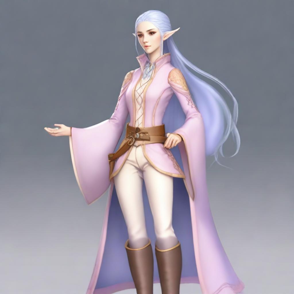 A tall, pale-skinned high-elf woman with long, light blue hair and grey eyes
