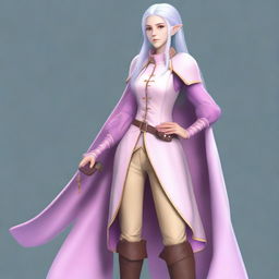 A tall, pale-skinned high-elf woman with long, light blue hair and grey eyes