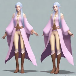 A tall, pale-skinned high-elf woman with long, light blue hair and grey eyes