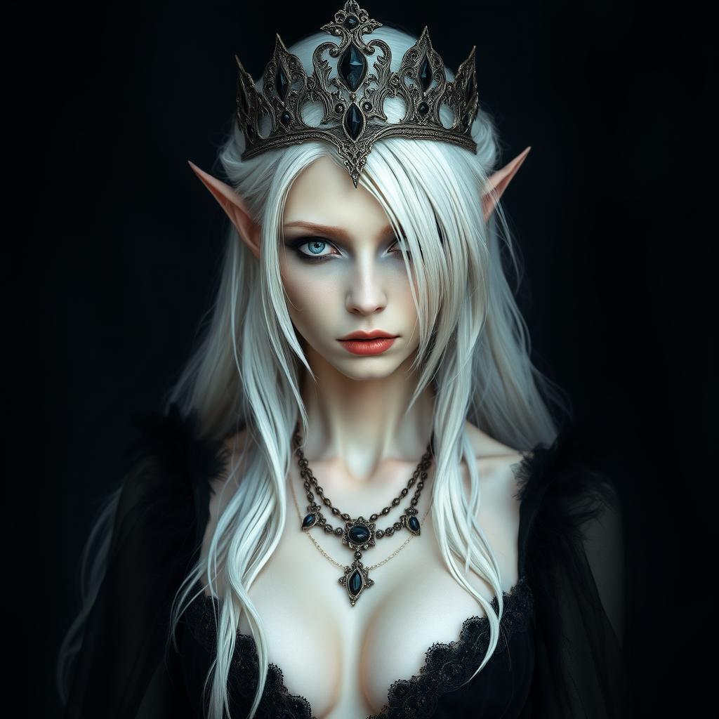 An elegant, cold elf queen with very pale, clear skin and long white-blonde wild hair that covers one of her piercing grey eyes