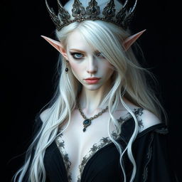 An elegant, cold elf queen with very pale, clear skin and long white-blonde wild hair that covers one of her piercing grey eyes