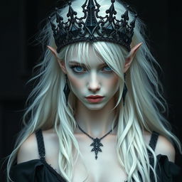 An elegant, cold elf queen with very pale, clear skin and long white-blonde wild hair that covers one of her piercing grey eyes