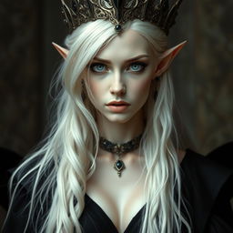 An elegant, cold elf queen with very pale, clear skin and long white-blonde wild hair that covers one of her piercing grey eyes