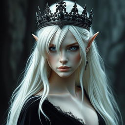 An elegant, cold elf queen with very pale, clear skin and long white-blonde wild hair that covers one of her piercing grey eyes