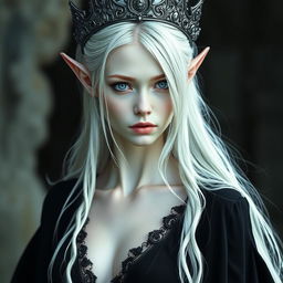 An elegant, cold elf queen with very pale, clear skin and long white-blonde wild hair that covers one of her piercing grey eyes