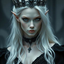 An elegant, cold elf queen with very pale, clear skin and long white-blonde wild hair that covers one of her piercing grey eyes