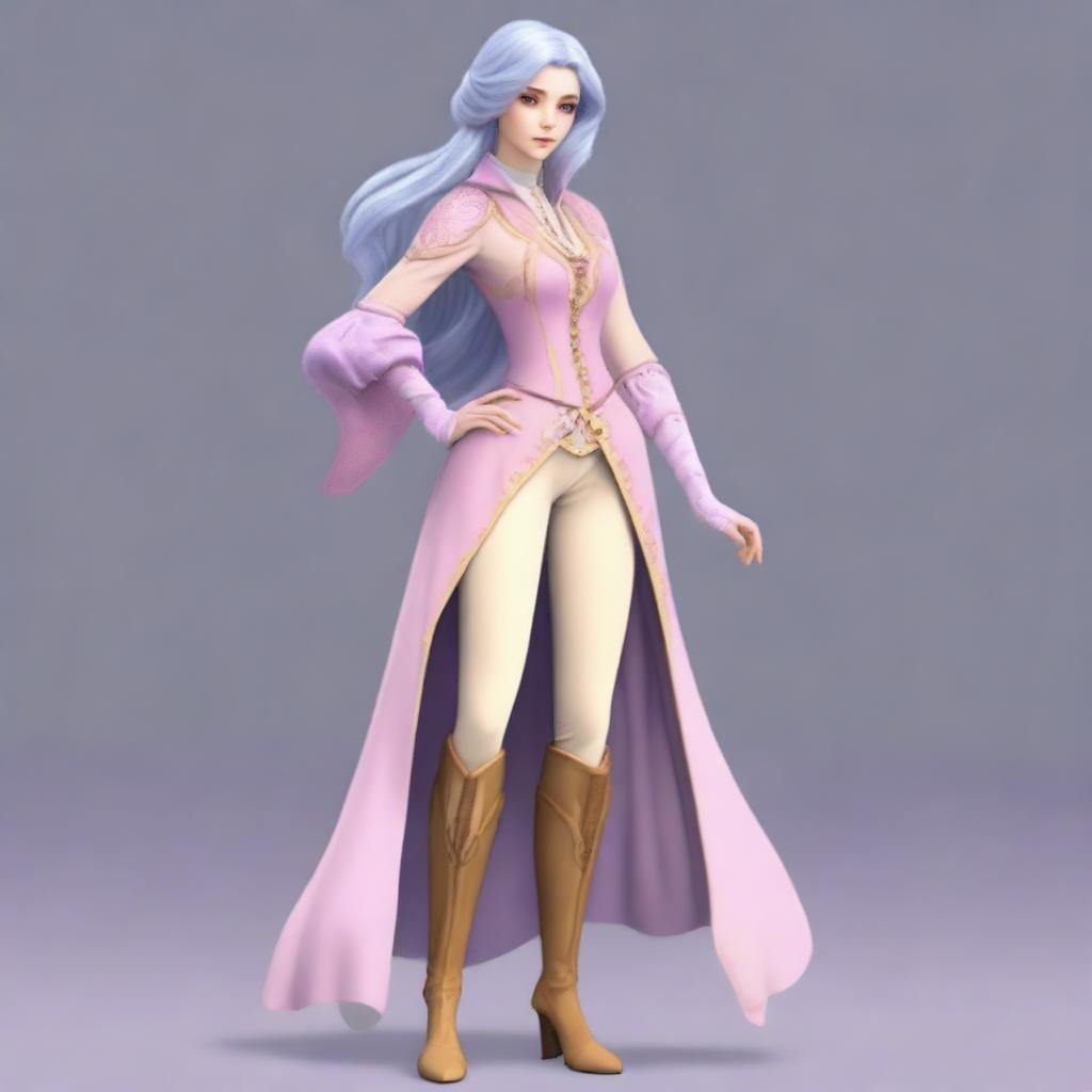 A tall, pale-skinned high-elf woman with Rapunzel-like light blue hair and grey eyes