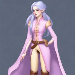 A tall, pale-skinned high-elf woman with Rapunzel-like light blue hair and grey eyes