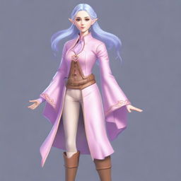 A tall, pale-skinned high-elf woman with Rapunzel-like light blue hair and grey eyes