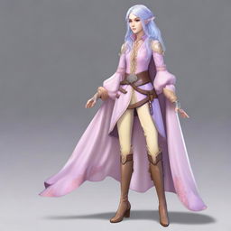 A tall, pale-skinned high-elf woman with Rapunzel-like light blue hair and grey eyes