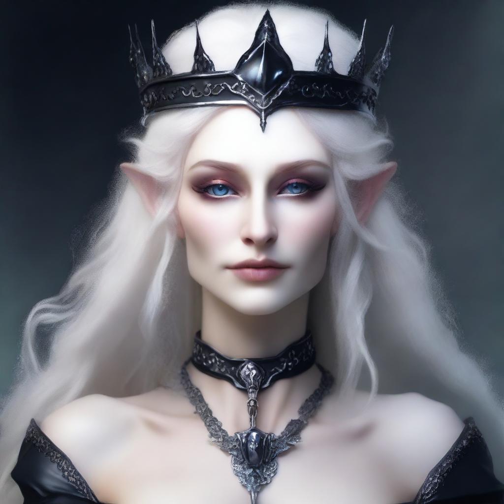 A cold elf queen with very pale, clear skin and long white-blonde wild hair that covers one of her grey eyes