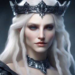 A cold elf queen with very pale, clear skin and long white-blonde wild hair that covers one of her grey eyes