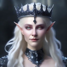 A cold elf queen with very pale, clear skin and long white-blonde wild hair that covers one of her grey eyes