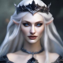 A cold elf queen with very pale, clear skin and long white-blonde wild hair that covers one of her grey eyes