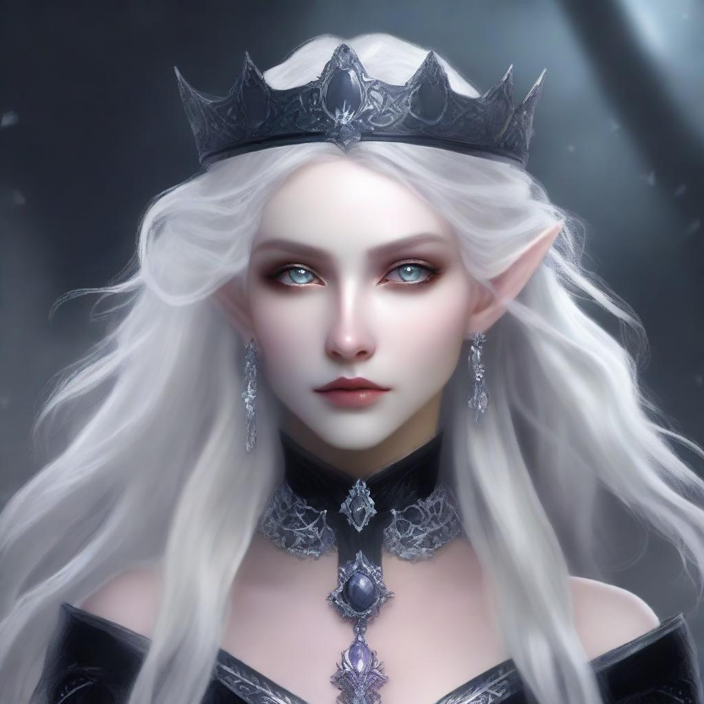 A cold elf queen with very pale, clear skin and long white-blonde wild hair that covers one of her piercing grey eyes