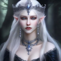 A cold elf queen with very pale, clear skin and long white-blonde wild hair that covers one of her piercing grey eyes