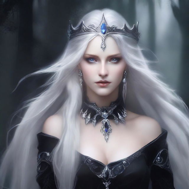 A cold elf queen with very pale, clear skin and long white-blonde wild hair that covers one of her piercing grey eyes