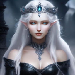 A cold elf queen with very pale, clear skin and long white-blonde wild hair that covers one of her piercing grey eyes