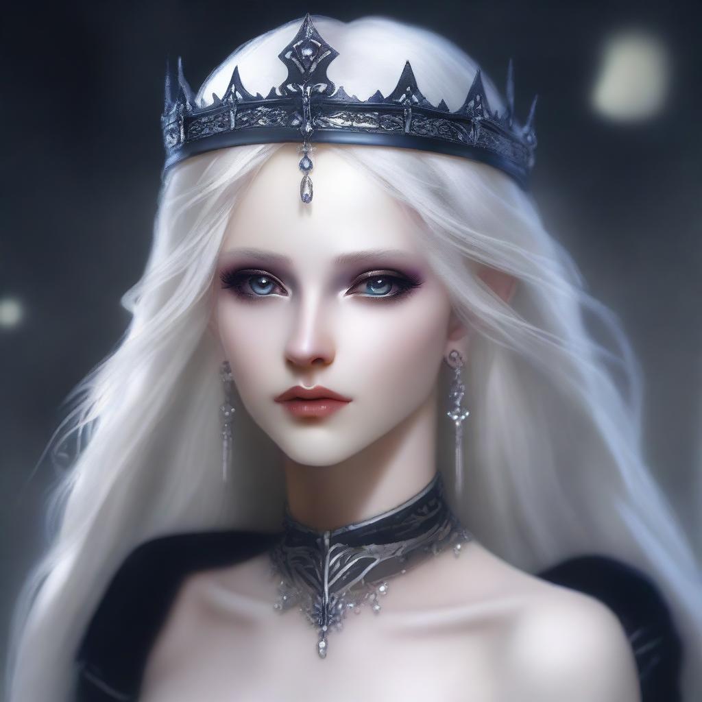 A cold elf queen with very pale, clear skin and long white-blonde wild hair that covers one of her piercing grey eyes