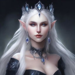 A cold elf queen with very pale, clear skin and long white-blonde wild hair that covers one of her piercing grey eyes