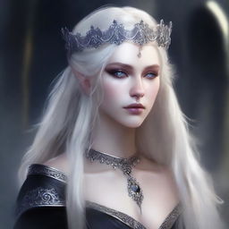 A cold elf queen with very pale, clear skin and long white-blonde wild hair that covers one of her piercing grey eyes