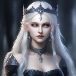 A cold elf queen with very pale, clear skin and long white-blonde wild hair that covers one of her piercing grey eyes