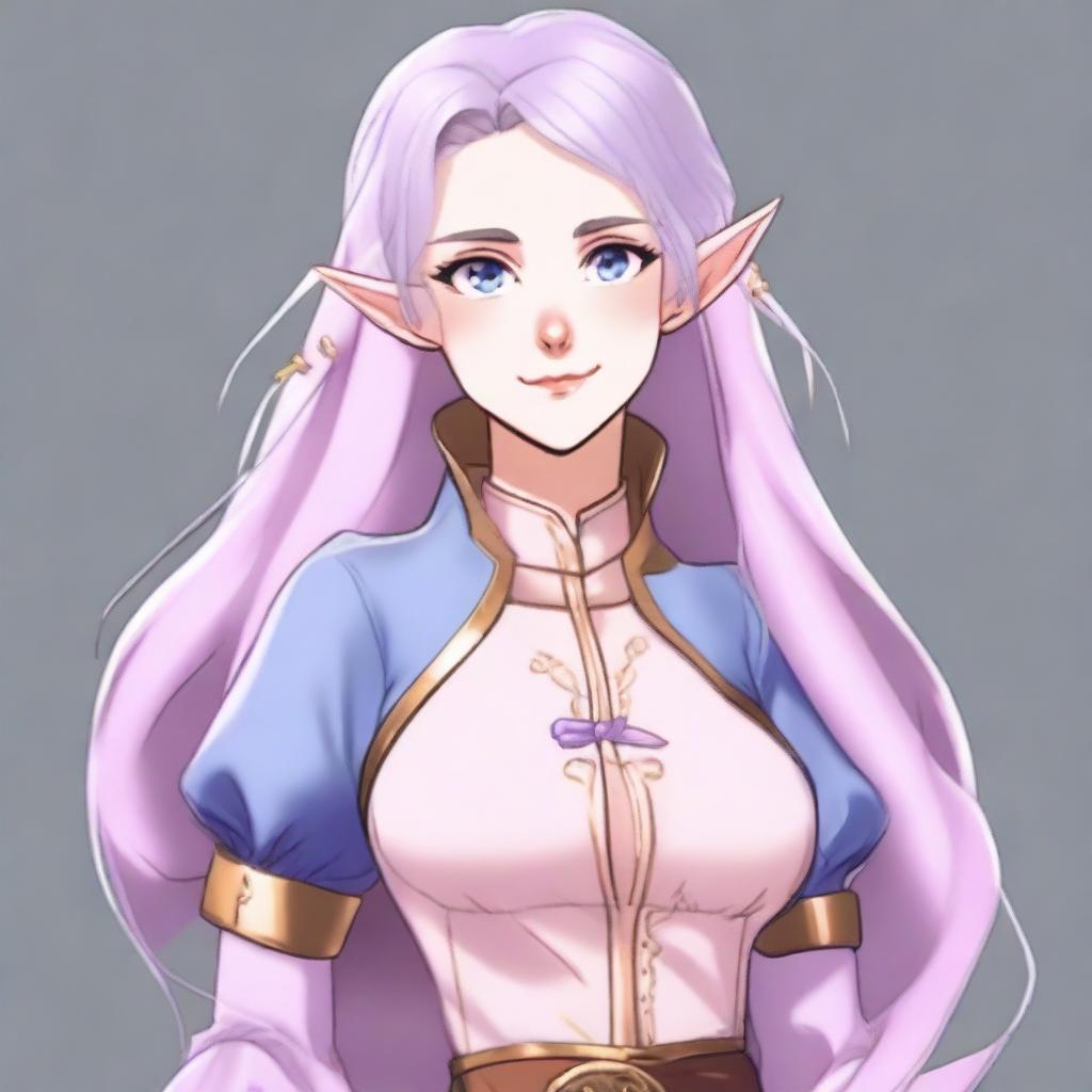 An anime portrait of a tall, beautiful, pale-skinned high-elf woman with Rapunzel-like light blue hair and grey eyes