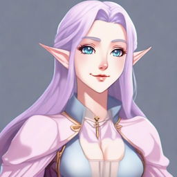 An anime portrait of a tall, beautiful, pale-skinned high-elf woman with Rapunzel-like light blue hair and grey eyes