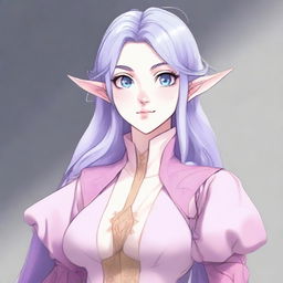 An anime portrait of a tall, beautiful, pale-skinned high-elf woman with Rapunzel-like light blue hair and grey eyes